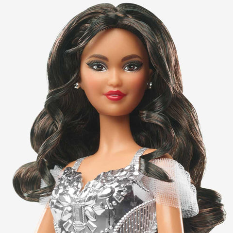 2021 Holiday Barbie Doll. Brunette Curly Hair